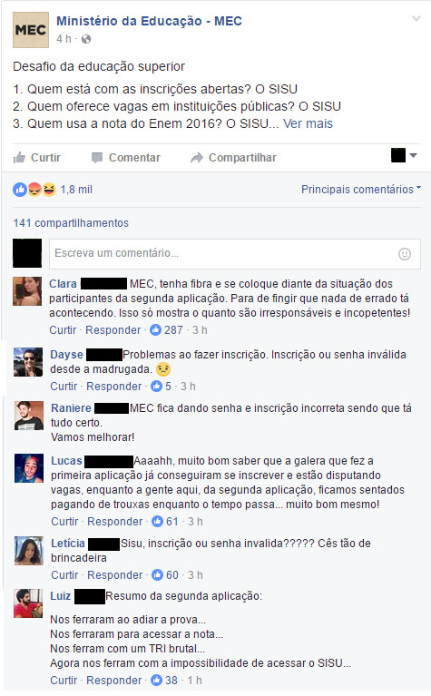 Reclamações na página do MEC no Facebook